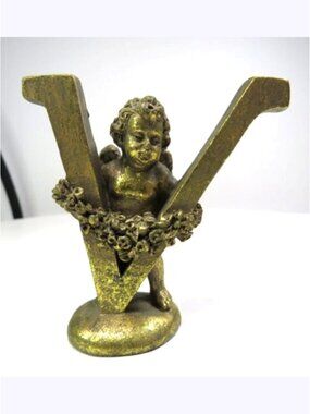 Letter "V" Angel aged Gold & Foiled Gold Finish 3" tall Cherub
